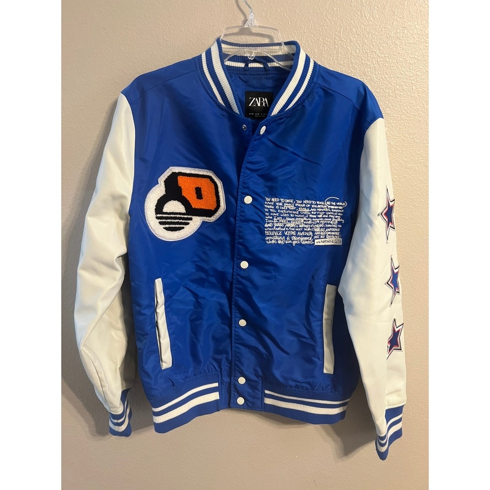 ZARA Bomber Jacket Royal Blue White Sleeves Graphic Print Stars Men